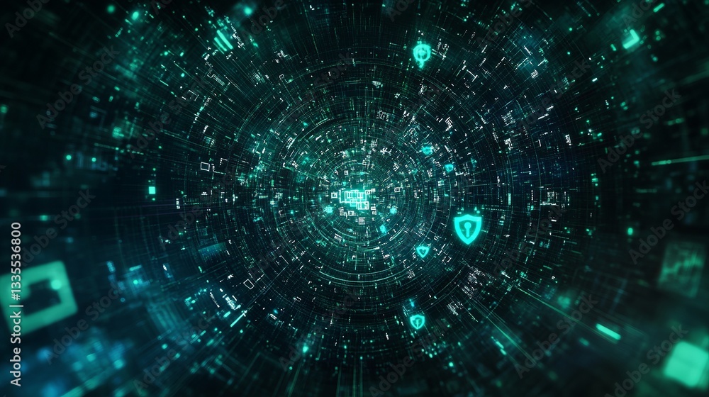 Poster abstract digital technology background futuristic network data stream green teal cyber security inno