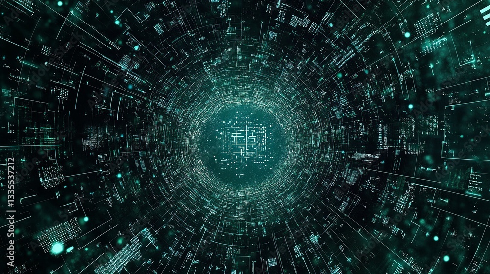 Poster abstract digital tunnel green teal data stream futuristic technology background modern circuit board