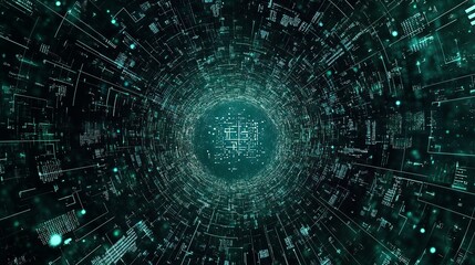 Fototapeta premium Abstract Digital Tunnel Green Teal Data Stream Futuristic Technology Background Modern Circuit Board Design Graphic Illustration Network Binary Code 