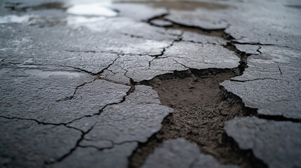 Obraz premium Cracked asphalt with deep fractures and rough texture after natural disaster, symbolizing destruction, fragility, and environmental impact on infrastructure and safety.