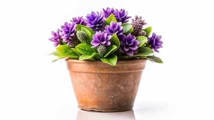 Vintage Style Photo: Purple Artificial Flowers in Clay Pot, Isolated on White