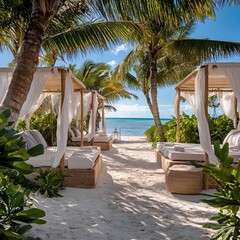 Fototapeta premium Serene Tropical Beach Scene with White Canopy Beds and Turquoise Ocean