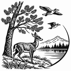 Vector hand-drawn a Whitetail deer under tree, mountain, lake