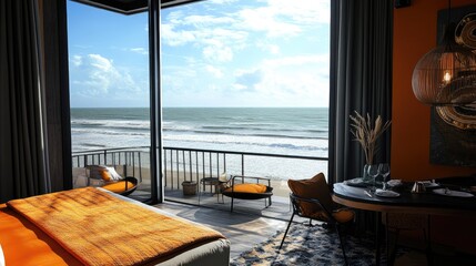 Fototapeta premium Luxurious hotel room with a panoramic ocean view, elegant decor, and a private balcony overlooking the waves.