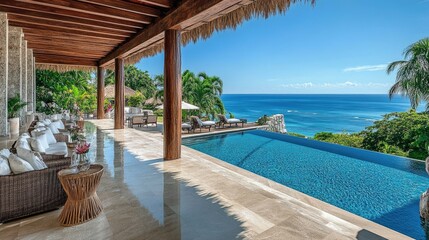 Fototapeta premium Luxury beach resort open-air lobby with wooden beams, stylish decor, and ocean breeze.