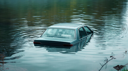 Abandoned car partially submerged in water, representing disaster, flooding, accident, and environmental impact in a melancholic scene.