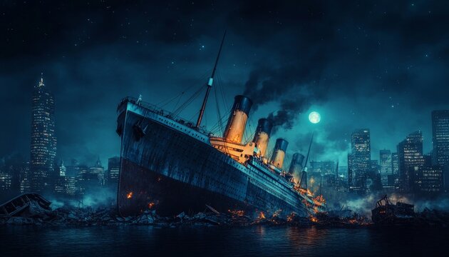 Dramatic night scene of the titanic wreck amidst city ruins and moonlit sky with cinematic effects - Powered by Adobe