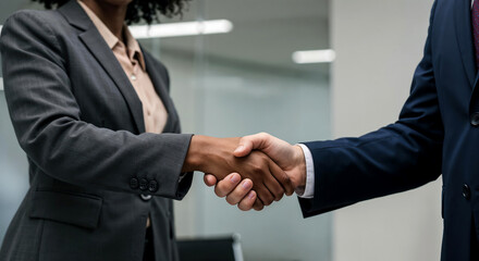 Two individuals in business attire shake hands, symbolizing a deal or agreement. The setting is a modern office with sunlight illuminating the interior