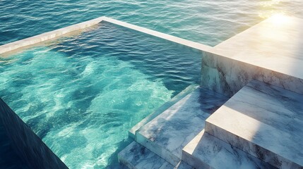 Sunlit Turquoise Infinity Pool with Concrete Steps near Ocean