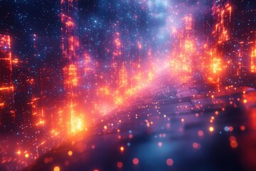 Fototapeta premium Neon city tunnel, glowing structures, digital art, cosmic background