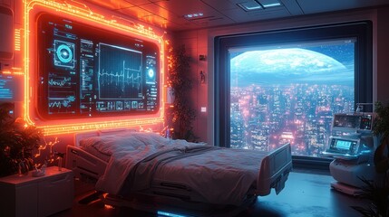 Obraz premium Futuristic hospital room with patient, city view, glowing tech