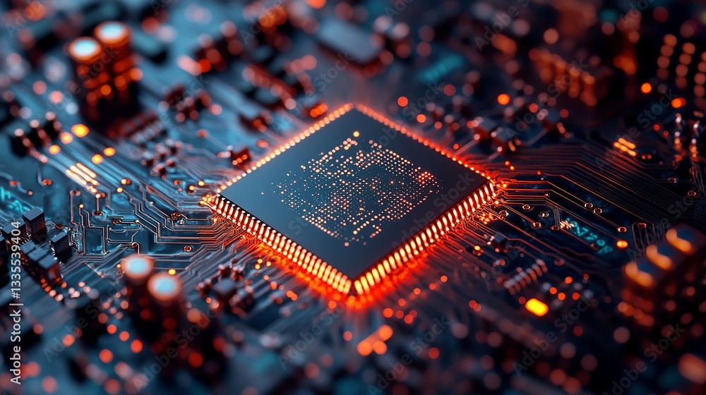 Poster closeup of advanced microchip circuit board technology digital innovation powerful processor high te
