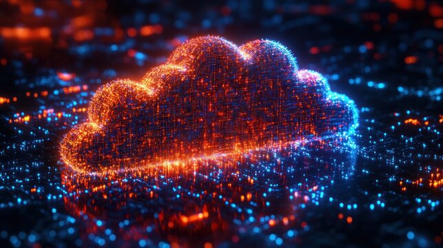 Abstract cloud computing graphic, glowing, vibrant colors, data points background
