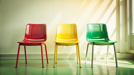 Vintage Style Plastic Chairs: Yellow, Green & Red, Isolated on White Background