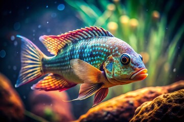 Vintage Style Ram Cichlid Fish Portrait - Aquatic Life Photography