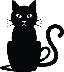 A minimalist black silhouette of a cat seamlessly
integrated with a coffee cup on white background