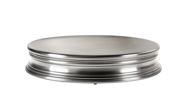 Empty silver metal podium for product presentation, isolated on white background