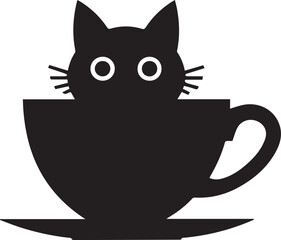 A minimalist black silhouette of a cat seamlessly
integrated with a coffee cup on white background