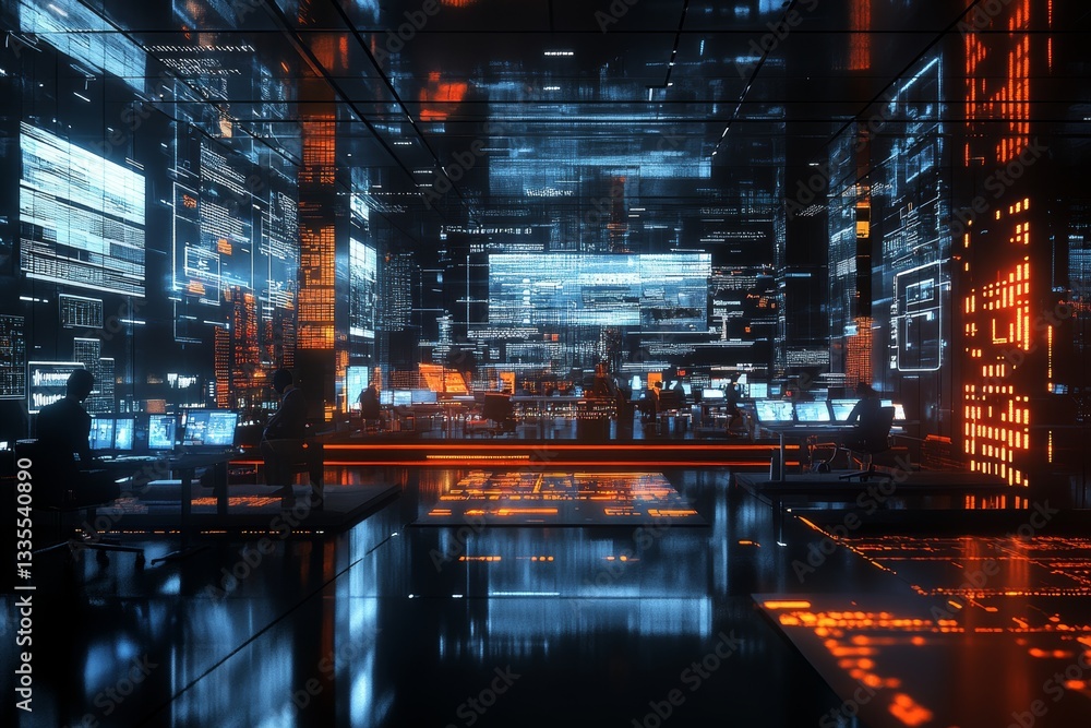 Poster ai driven business office employees engage with data on digital screens in a high tech environment