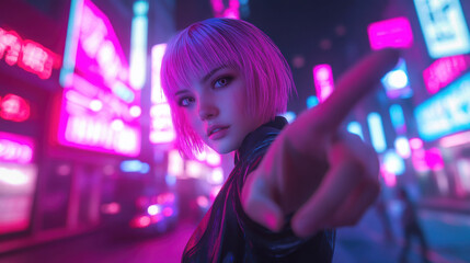 夜の街のピンクヘアの若い女性