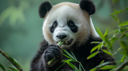 Obraz premium Giant panda sitting and chewing on bamboo fluffy black and white bear with gentle eyes in a green forest peaceful wildlife scene