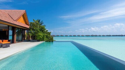 Fototapeta premium Private island villa with an open balcony, infinity pool, and a stunning view of the endless ocean.