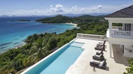 Fototapeta premium Private island villa with an open balcony, infinity pool, and a stunning view of the endless ocean.