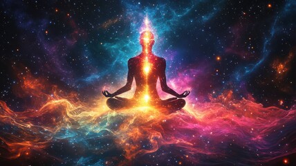 The artwork features a figure in a meditative pose surrounded by a cosmic landscape, vibrant colors swirling harmoniously, representing peace and spiritual awakening