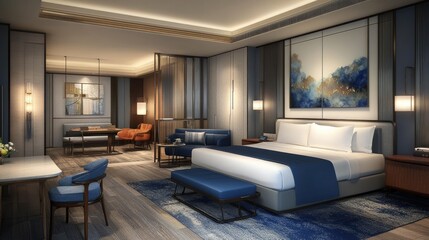 Professional business hotel suite with contemporary interior design, workspace, and a sleek finish.