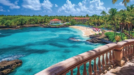 Scenic hotel balcony overlooking a tropical beach with crystal-clear waters and lush palm trees.
