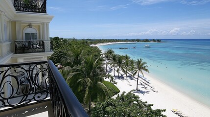 Fototapeta premium Scenic hotel balcony overlooking a tropical beach with crystal-clear waters and lush palm trees.