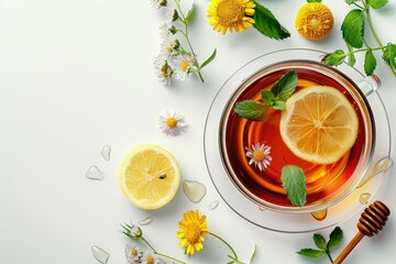 High Detail Visual of Design Concept Top View of Honey Black Tea with Lemon and Mint