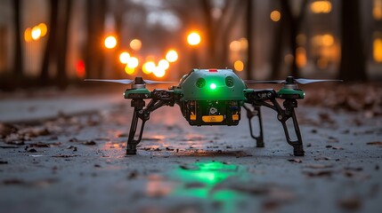 Green drone on city street at dusk.