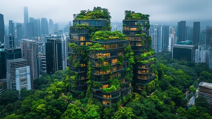 Obraz premium Lush green architecture rises amidst cityscape, glowing warm lights from within