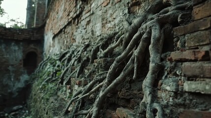 Roots gripping an old brick wall with a tracking shot, overgrown architecture