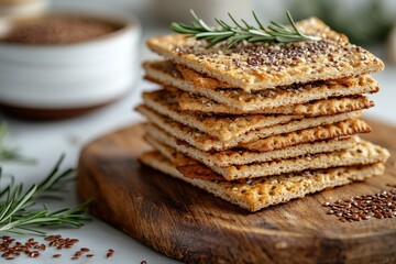 A stack of flaxseed crackers on a wooden board, garnished with rosemary and surrounded by flaxseeds in a bowl
