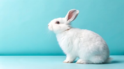 Obraz premium A Fluffy White Bunny Sits Peacefully Against A Serene Light Blue Background, A Picture Of Gentle Innocence And Springtime Charm