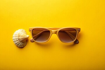 Vintage Summer Sunglasses & Seashell on Yellow Background - Stock Photo