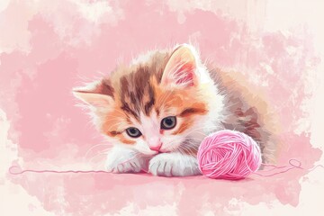 Adorable fluffy kitten playing with a ball of pink yarn on display