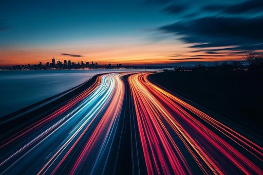 Dusk long exposure capture of a4 highway traffic with toronto skyline and streaking lights