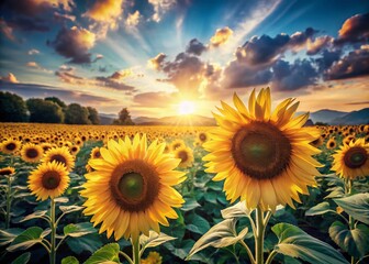 Obraz premium Vintage Sunflower Field Landscape - Sunny Blue Sky, Summer Flowers