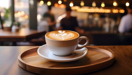 A trendy coffee shop setting with a beautifully crafted latte art in a ceramic cup.