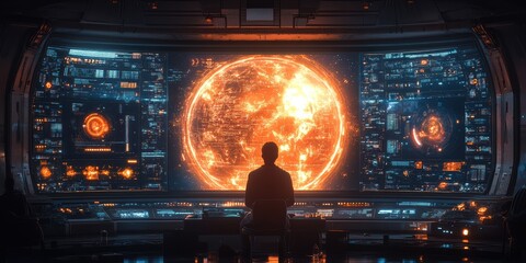 A person sits in a modern control center, gazing at multiple screens displaying data and visuals of a radiant sun. The atmosphere is advanced and immersive, revealing a unique digital landscape