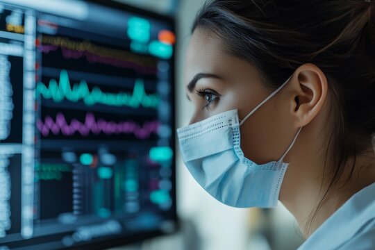 Female doctor analyzing medical data and stock charts in hospital room, close up patient perspective