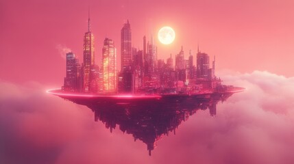 Naklejka premium A futuristic city floats above the clouds under a vibrant sky