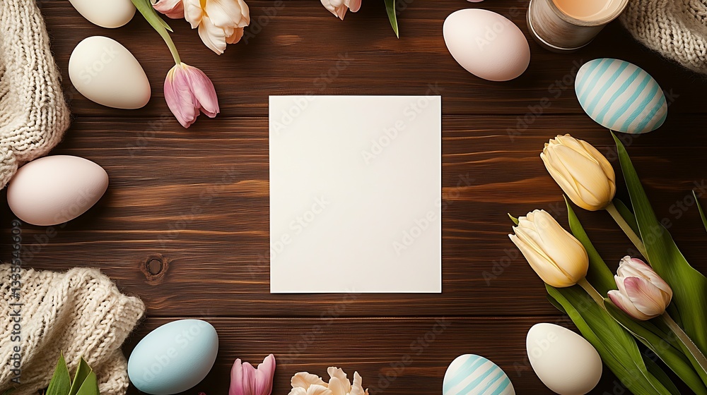 Poster A Blank White Card Surrounded by Easter Eggs and Flowers on a Rustic Wooden Table Creating a Fresh Spring Atmosphere : Generative AI