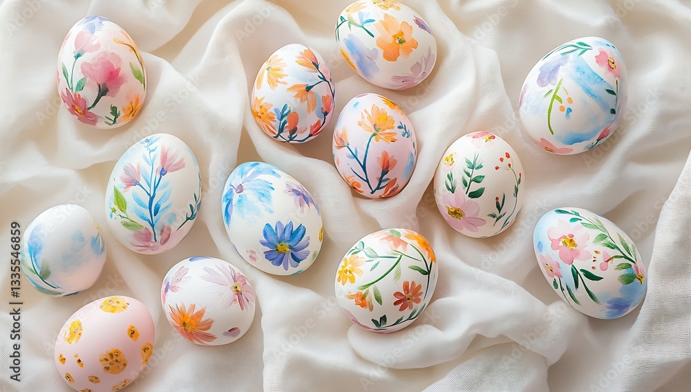 Poster colorful hand-painted eggs arranged artistically on soft fabric with floral patterns : generative ai
