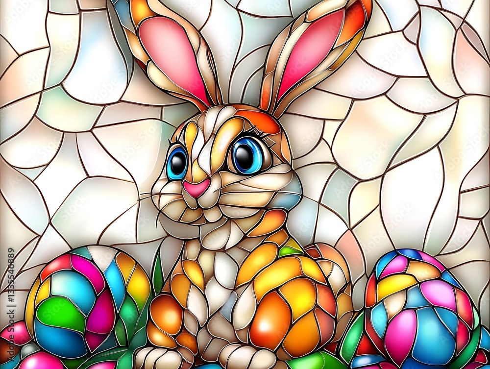 Aufkleber vibrant stained glass rabbit sitting among colorful easter eggs in a cheerful spring setting : gener