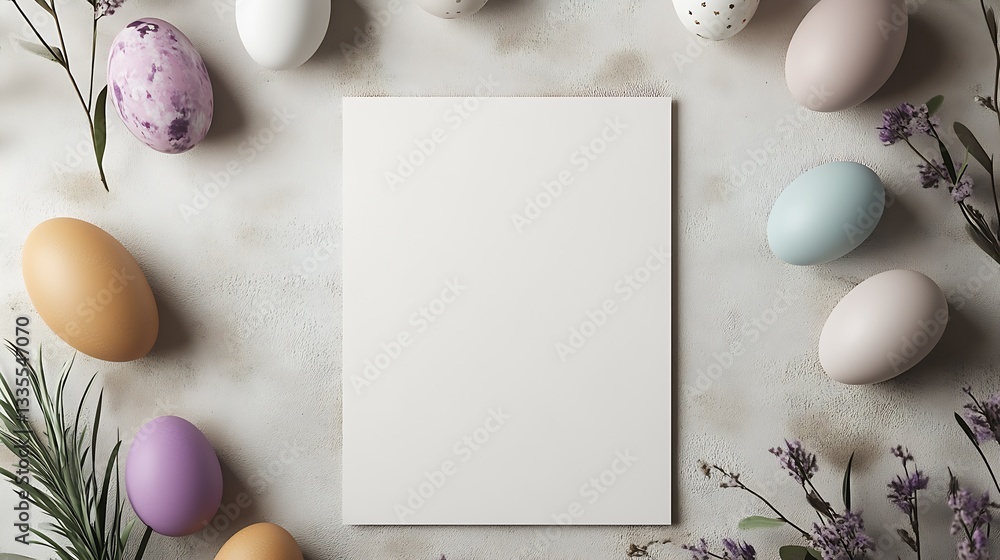 Poster Delightful assortment of colorful Easter eggs surrounding a blank white canvas suitable for festive spring visuals : Generative AI