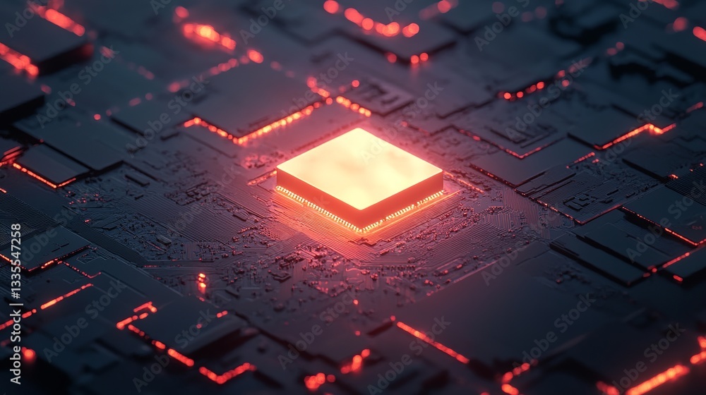Poster abstract red glowing circuit board technology digital art modern high tech futuristic background ill